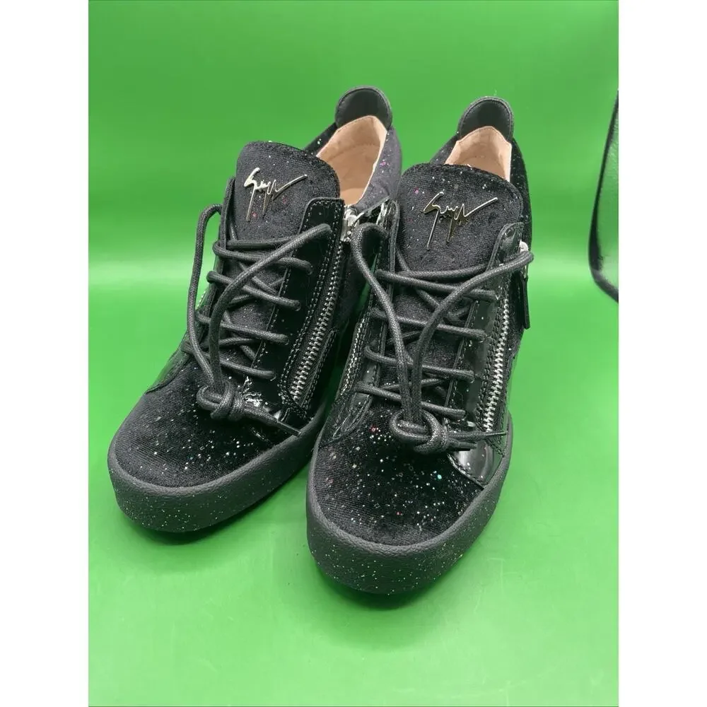 Designer Giuseppe Zanotti Kriss Wedge Sz 41 Black Patent Leather Velvet Glitter